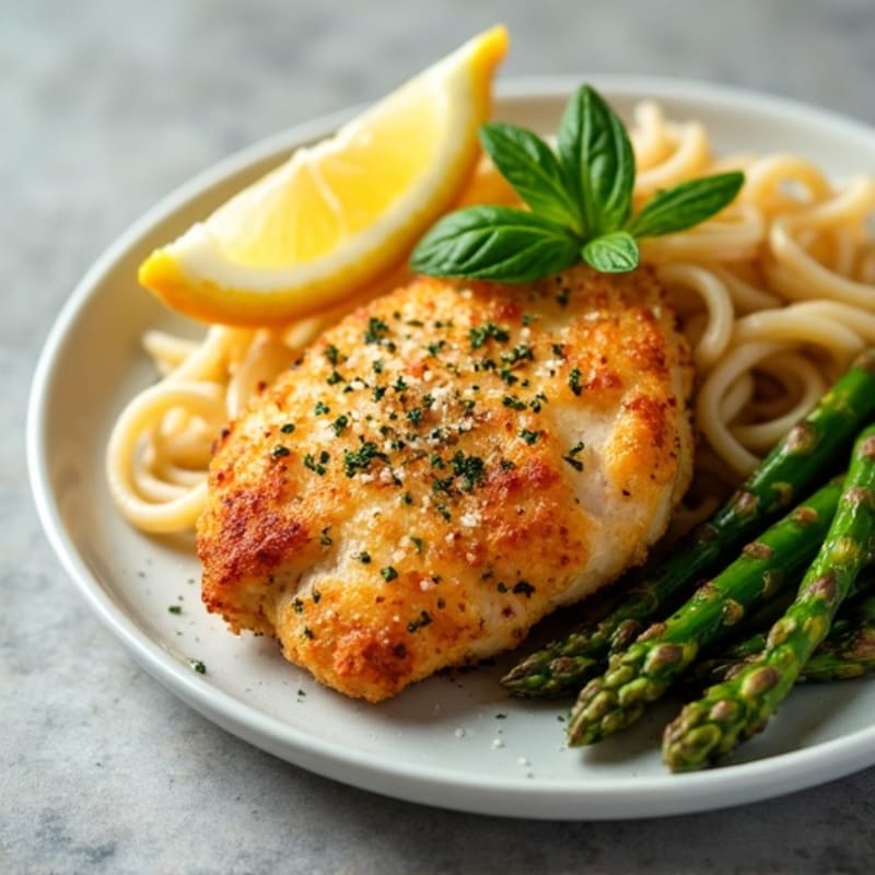 Crispy Lemon Pepper Chicken with Fresh Lemon-Herb Whole Wheat Pasta and Roasted Asparagus