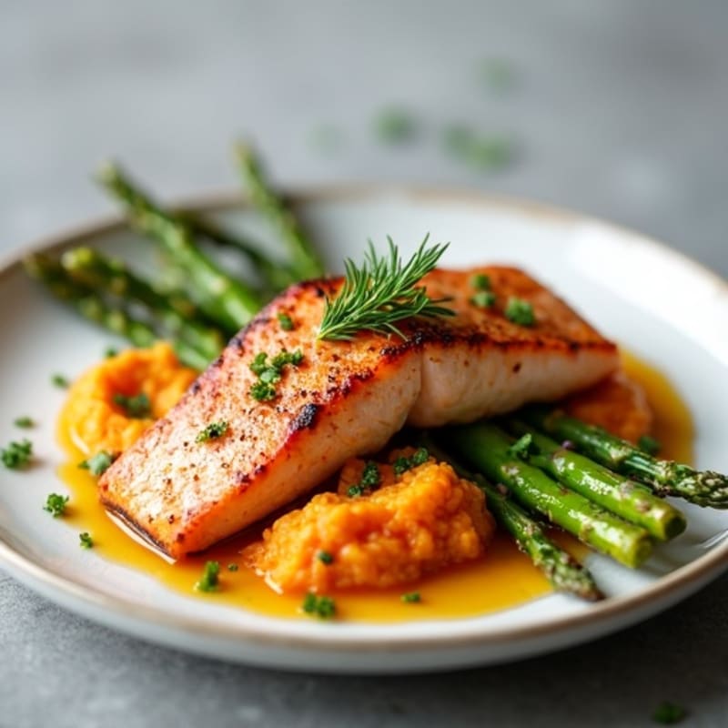 Seared Salmon with Roasted Asparagus and Sweet Potato Mash