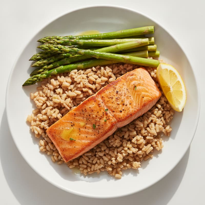 Seared Salmon Fillet with Steamed Asparagus and Brown Rice