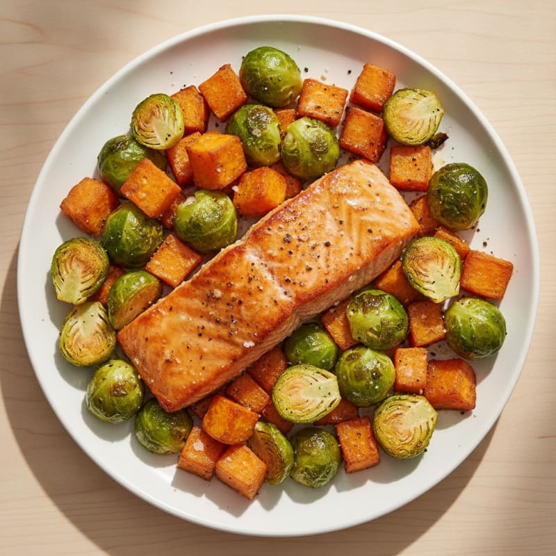 Roasted Salmon with Sweet Potatoes and Brussels Sprouts