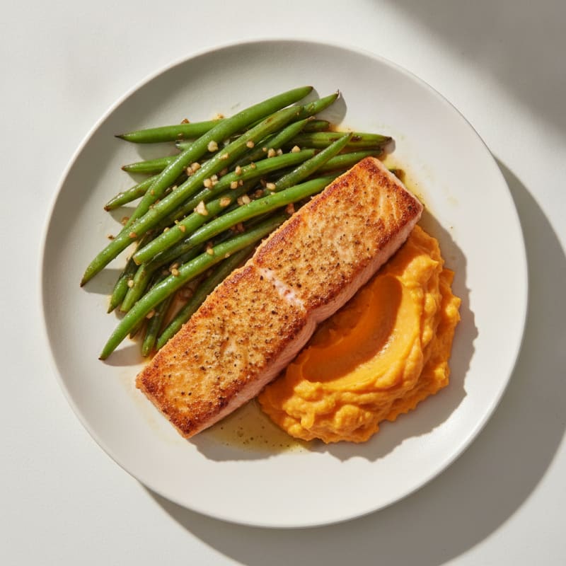 Seared Salmon with Garlic Green Beans and Sweet Potato Mash
