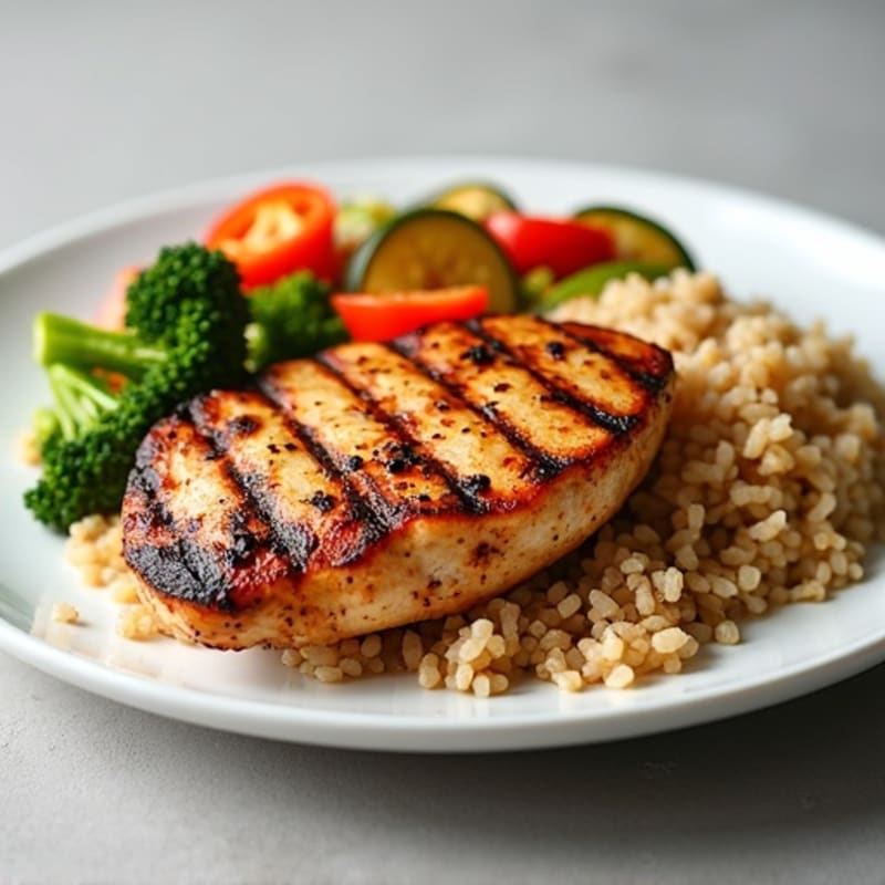 Grilled Chicken with Olive Oil Brown Rice and Roasted Mixed Veggies