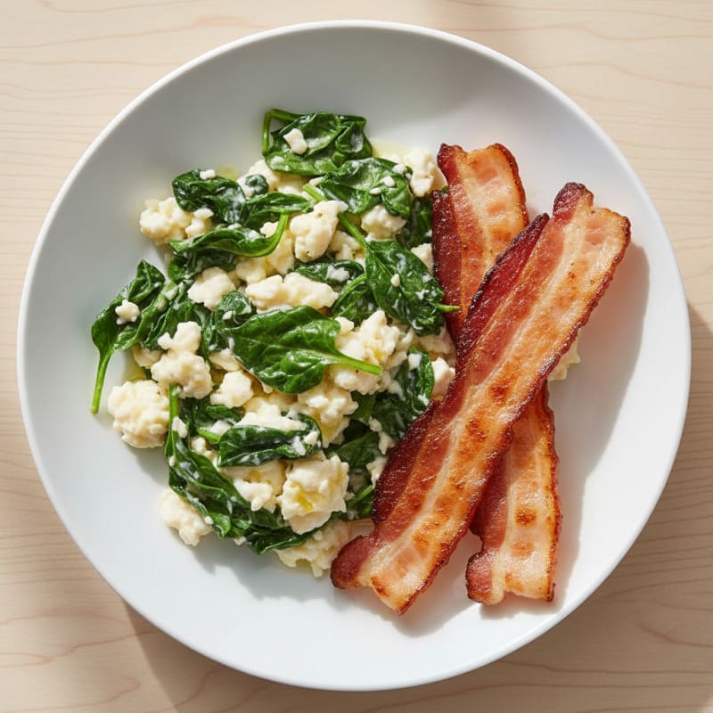 Egg White Spinach Scramble with Grilled Turkey Bacon