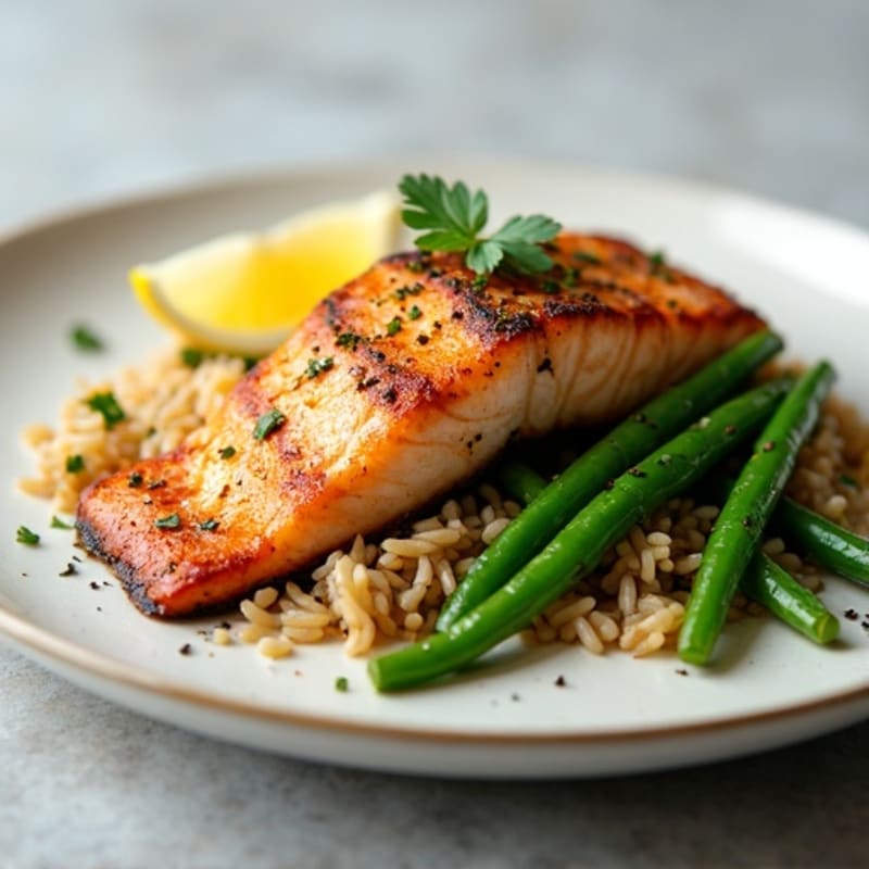 Seared Salmon with Garlic Green Beans and Brown Rice