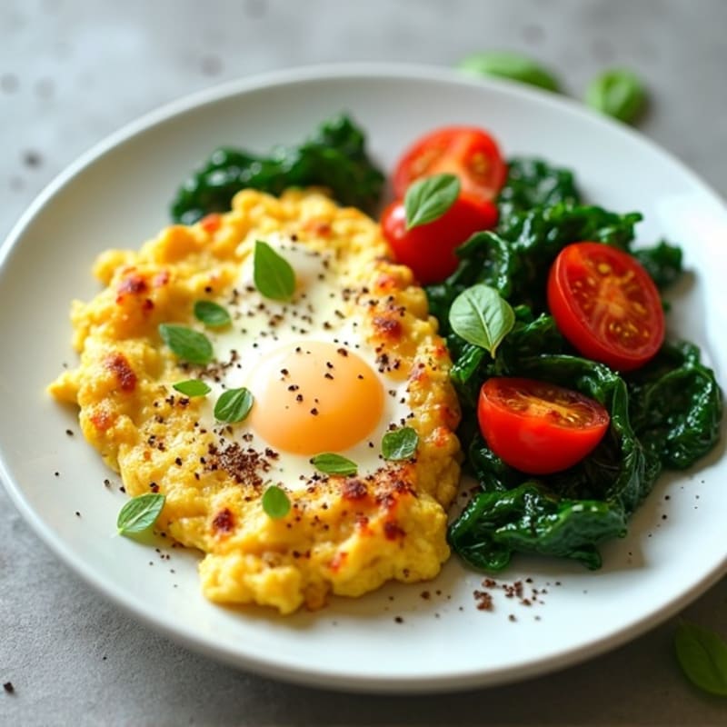 Fluffy Egg Scramble with Sautéed Spinach and Roasted Cherry Tomatoes