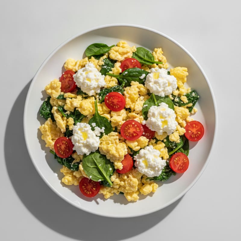 Cottage Cheese Egg Scramble with Spinach and Tomatoes