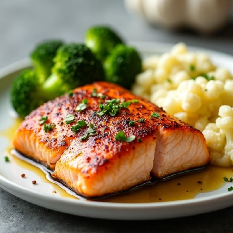 Seared Salmon Fillet with Steamed Broccoli and Garlic Mashed Cauliflower