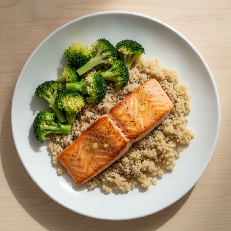 Seared Salmon with Steamed Broccoli and Quinoa