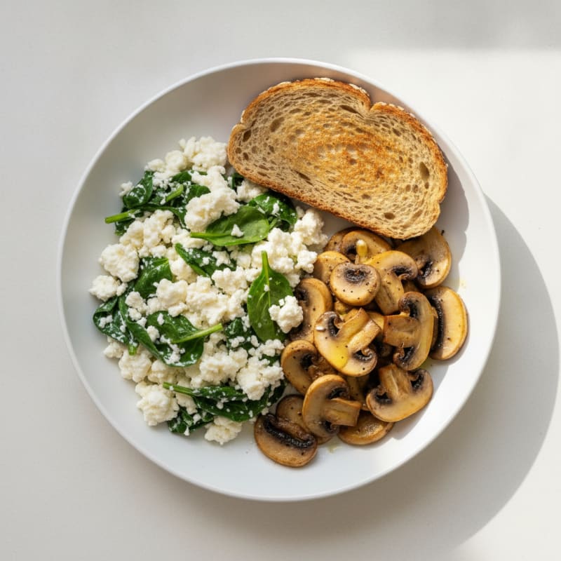 Egg White and Cottage Cheese Scramble with Spinach and Sautéed Mushrooms