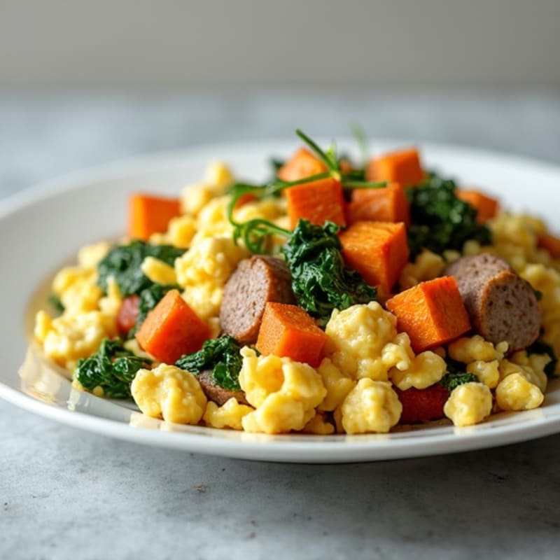 Egg White and Turkey Sausage Scramble with Spinach and Roasted Sweet Potato