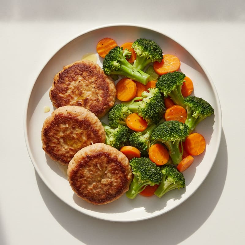 Seared Turkey Patties with Steamed Broccoli and Carrots