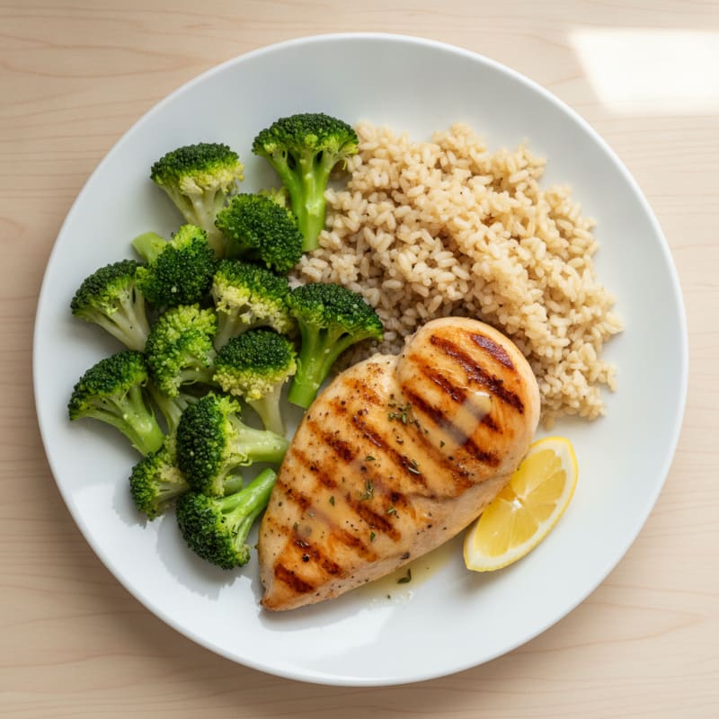Grilled Chicken Breast with Steamed Broccoli and Brown Rice