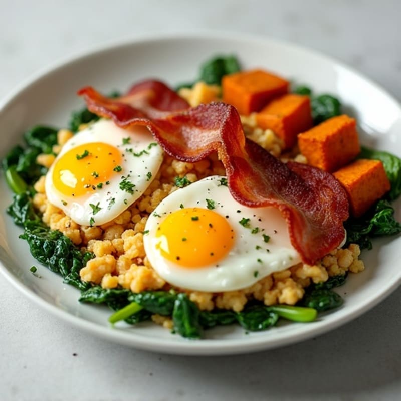 Crispy Turkey Bacon and Egg White Scramble with Spinach and Sweet Potato