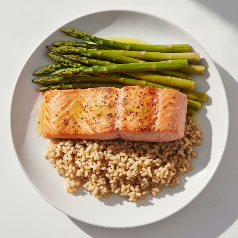 Seared Salmon with Steamed Asparagus and Brown Rice