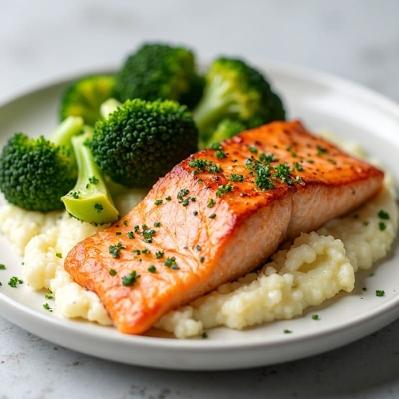 Seared Salmon with Steamed Broccoli and Garlic Cauliflower Mash