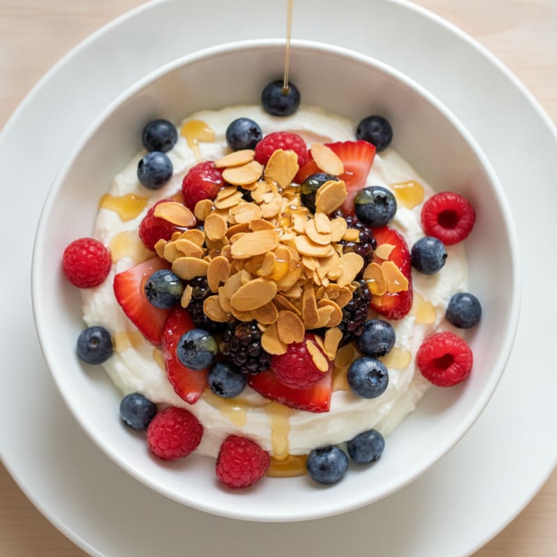 Greek Yogurt Protein Parfait with Mixed Berries and Almonds