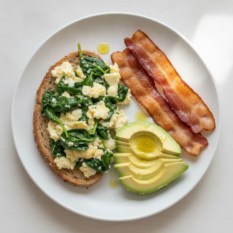 Crispy Turkey Bacon Egg White Scramble with Spinach