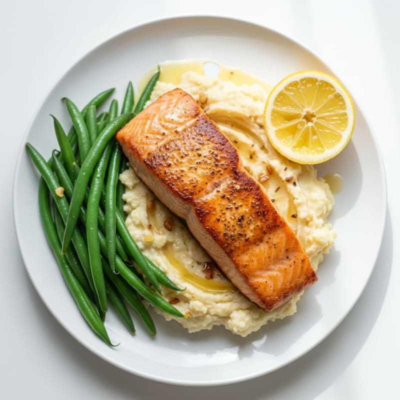 Seared Salmon with Steamed Green Beans and Garlic Mashed Cauliflower