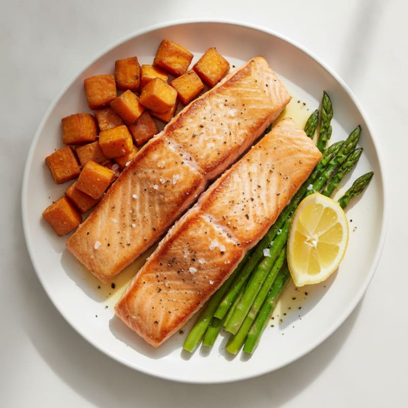 Seared Salmon with Roasted Sweet Potatoes and Asparagus