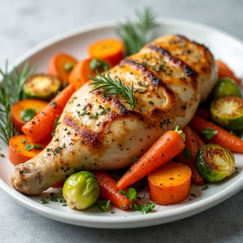 Garlic Herb Roasted Chicken with Crispy Sweet Potatoes, Brussels Sprouts, and Carrots