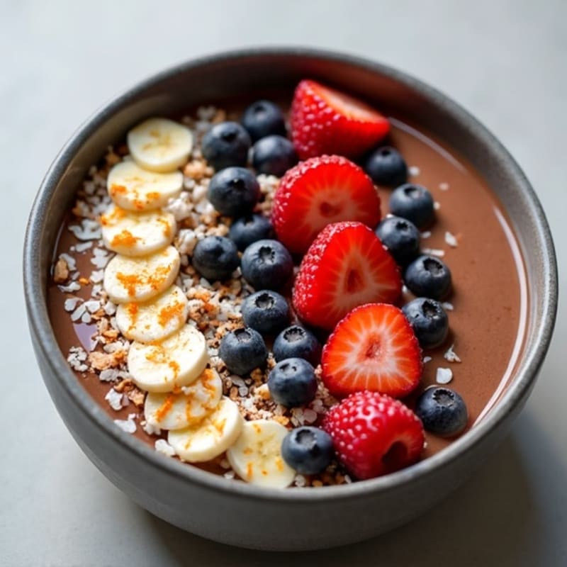 Creamy Chocolate Protein Smoothie Bowl with Fresh Berries and Crunchy Toasted Coconut