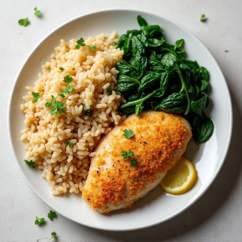 Crispy Lemon Herb Chicken with Brown Rice and Sautéed Greens