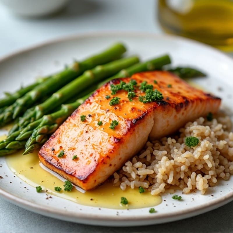 Seared Salmon Fillet with Steamed Asparagus and Brown Rice