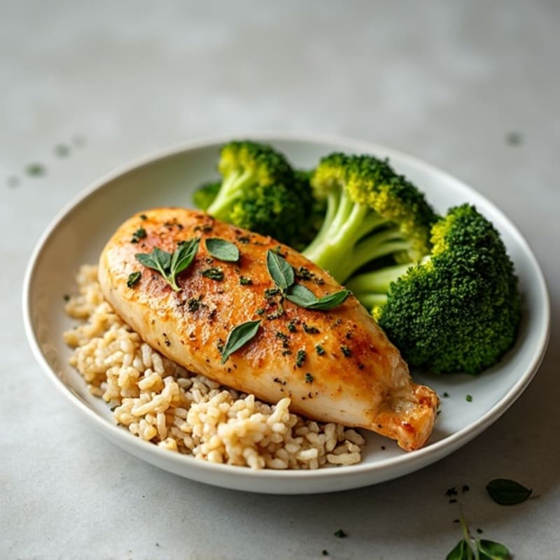 Herb-Roasted Chicken with Fluffy Brown Rice and Crispy Broccoli