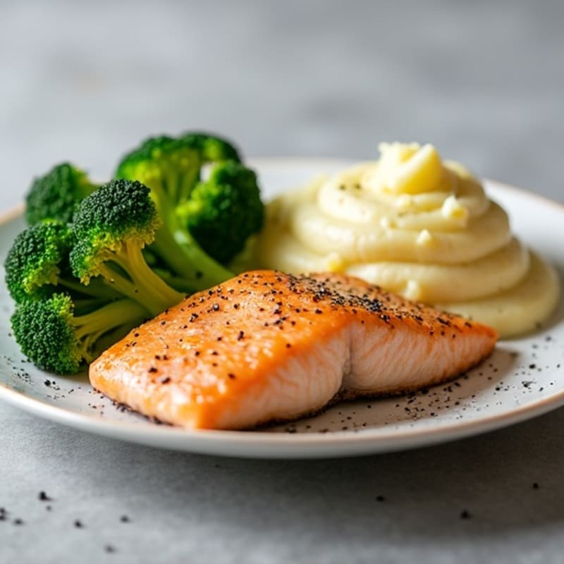 Seared Salmon with Steamed Broccoli and Garlic Mashed Potatoes