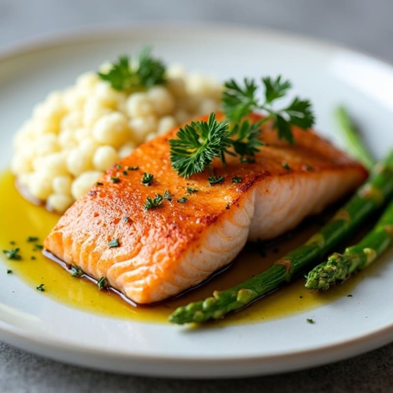 Seared Salmon Fillet with Steamed Asparagus and Cauliflower Mash