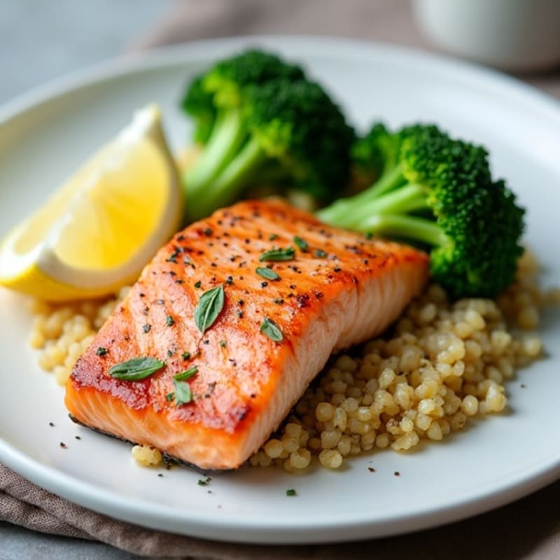 Seared Salmon with Steamed Broccoli and Quinoa