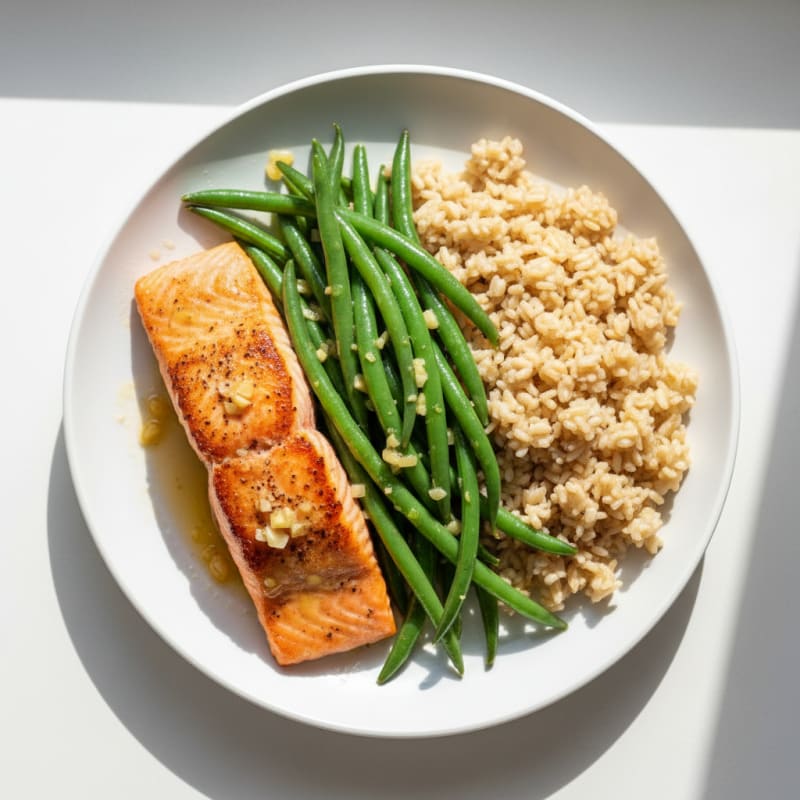 Seared Salmon with Lemon-Garlic Green Beans and Brown Rice