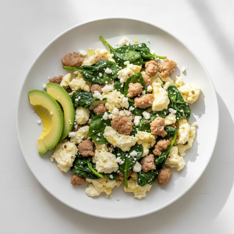Egg White and Turkey Sausage Scramble with Spinach and Feta