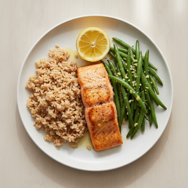 Seared Salmon Fillet with Garlic Green Beans and Brown Rice