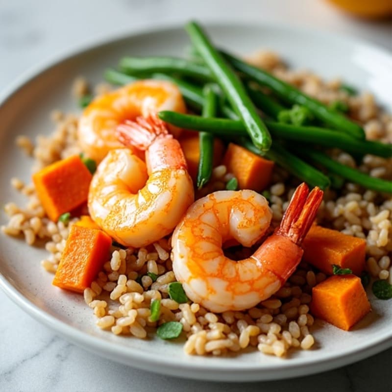 Lemon-Garlic Shrimp with Roasted Sweet Potatoes, Crisp Green Beans, and Brown Rice