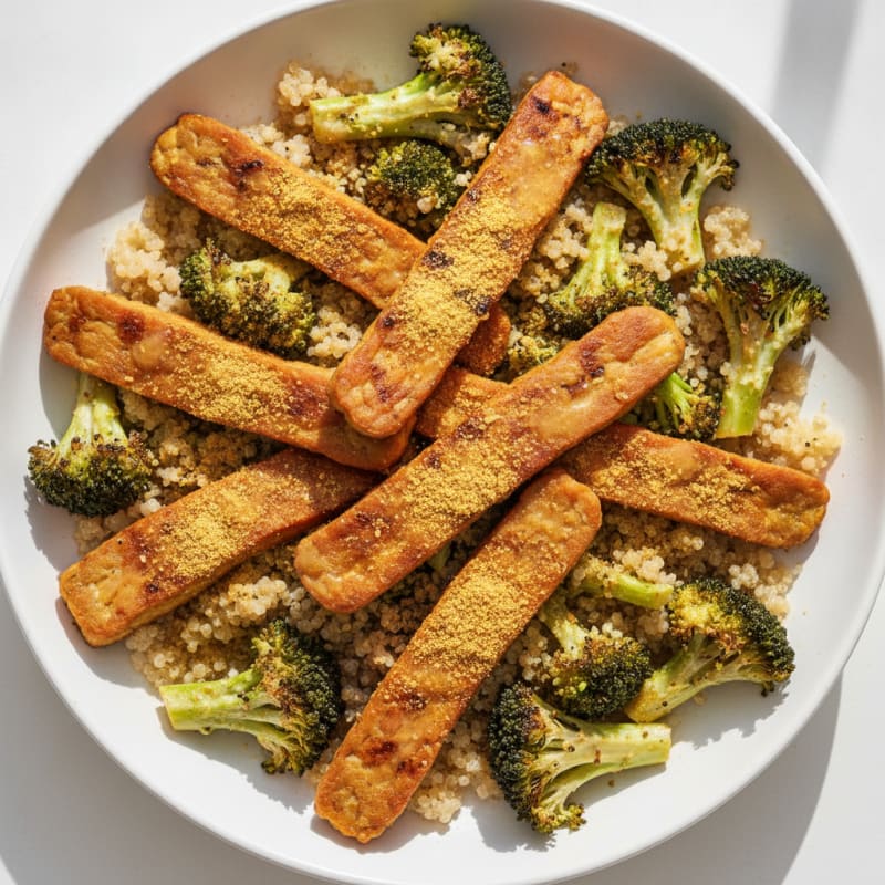 Grilled Tempeh with Roasted Broccoli and Quinoa Pilaf