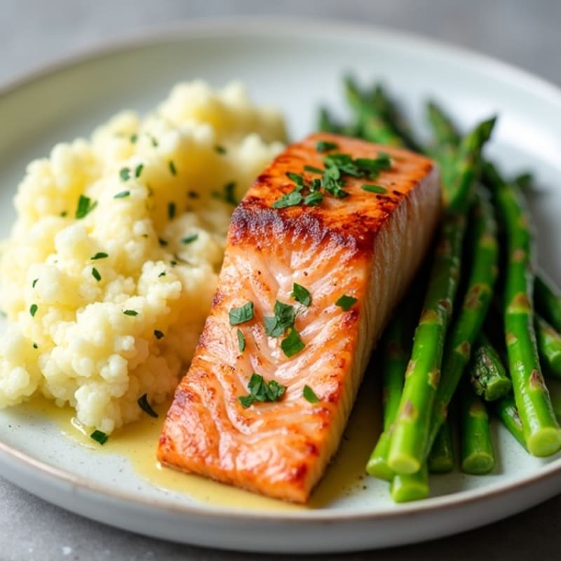 Seared Salmon with Asparagus and Garlic Mashed Cauliflower