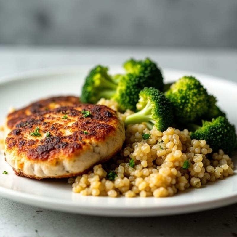 Seared Turkey Patties with Roasted Broccoli and Quinoa