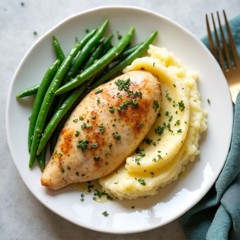 Lemon-Herb Roasted Chicken with Creamy Garlic Mashed Potatoes and Sautéed Green Beans