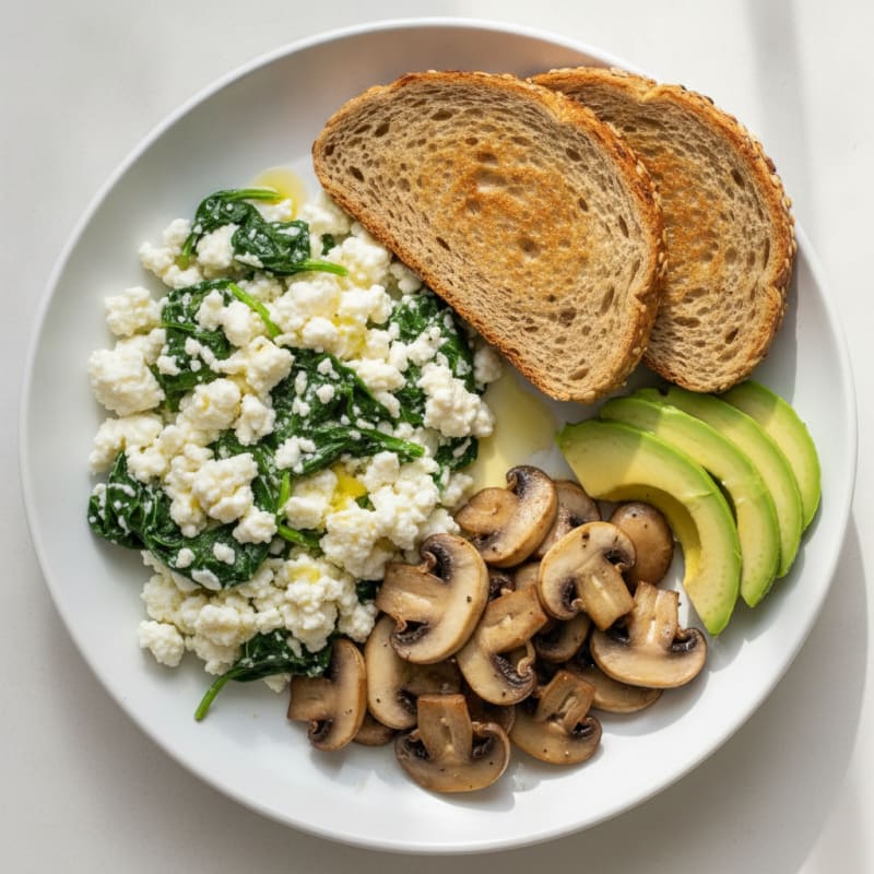 Egg White Spinach Scramble with Cottage Cheese and Sautéed Mushrooms