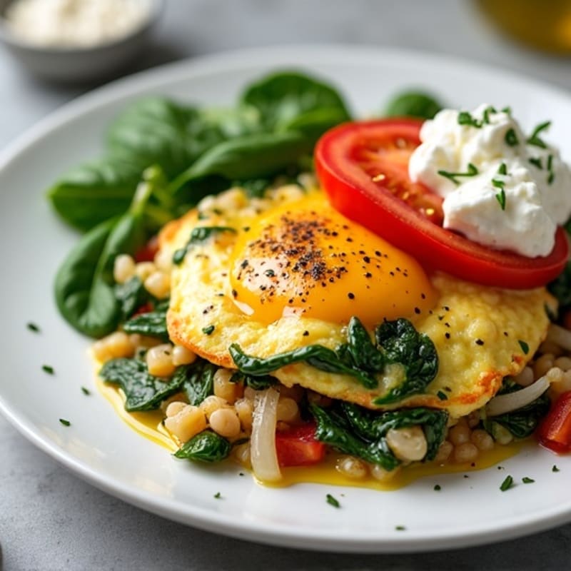 Egg White Veggie Scramble with Cottage Cheese and Sautéed Spinach