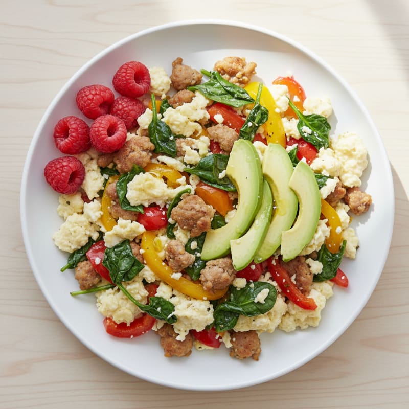 Egg White and Turkey Sausage Scramble with Spinach and Bell Peppers