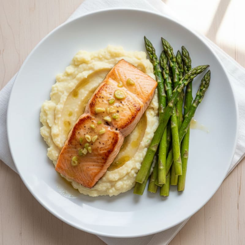 Seared Salmon with Roasted Asparagus and Garlic Cauliflower Mash