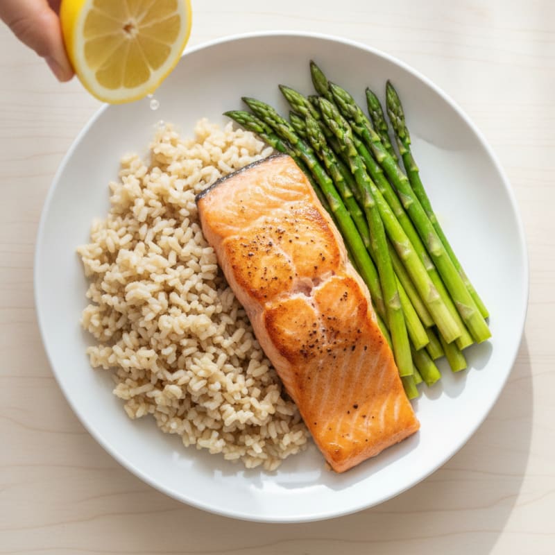 Seared Salmon Fillet with Steamed Asparagus and Brown Rice