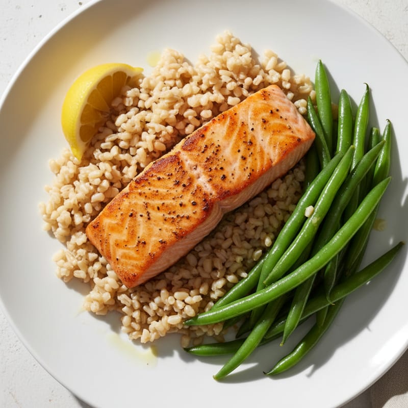 Seared Salmon with Steamed Green Beans and Brown Rice