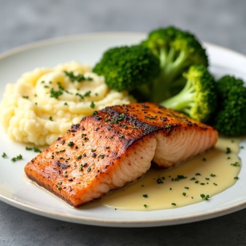 Seared Salmon Filet with Roasted Broccoli and Garlic Mash