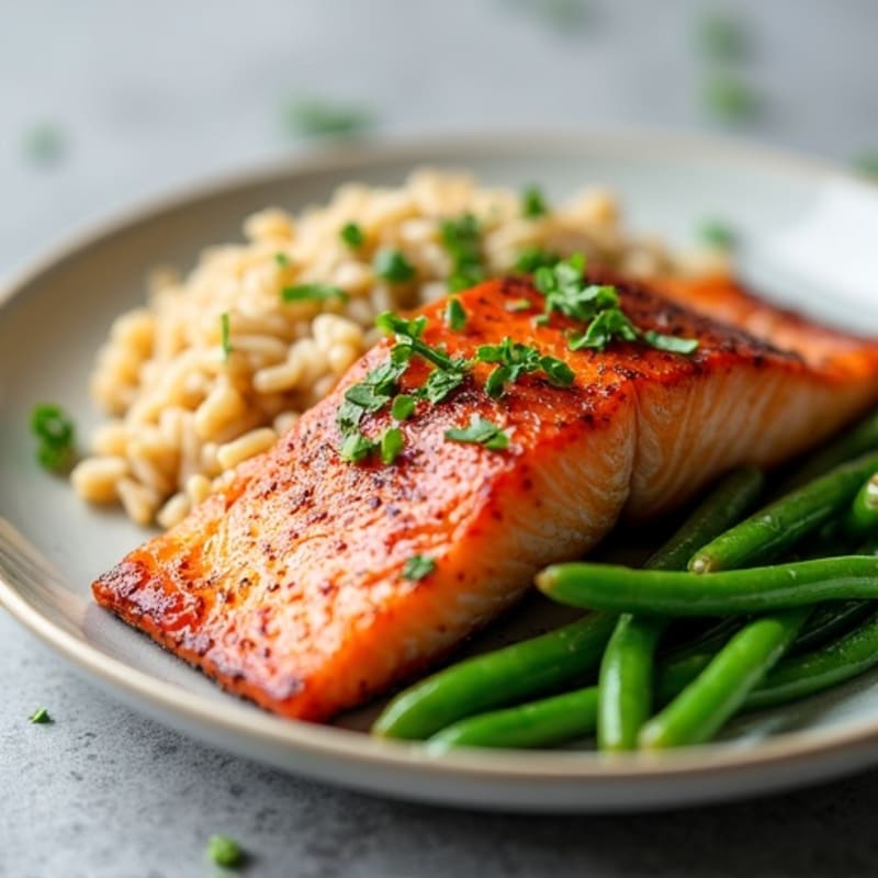 Seared Salmon Fillet with Garlic Green Beans and Brown Rice