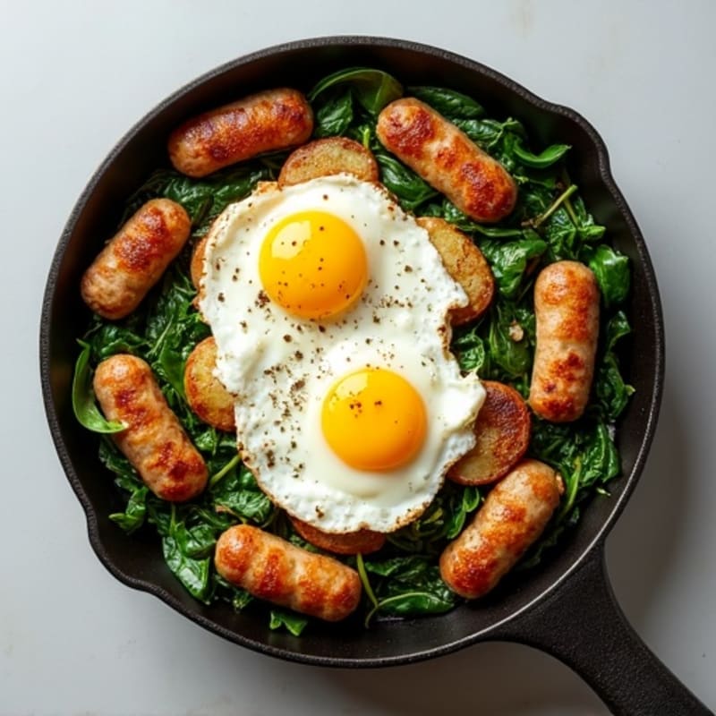 Crispy Potato and Egg Skillet with Lean Turkey Sausage and Sautéed Greens