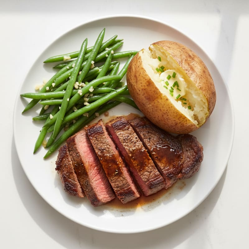 Seared Lean Beef Steak with Garlic Green Beans and Baked Potato