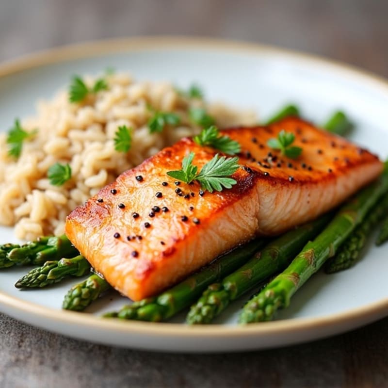 Seared Salmon with Steamed Asparagus and Brown Rice